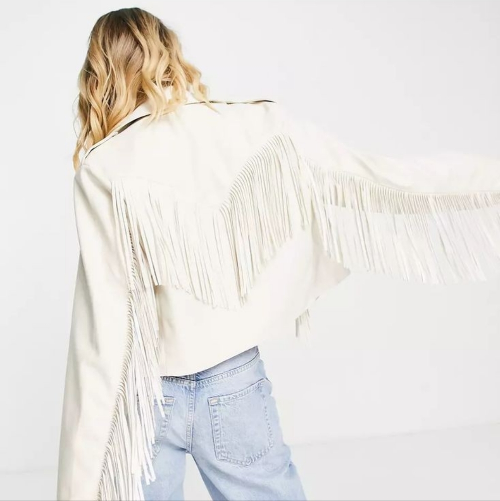 ASOS DESIGN Faux Leather Fringe Biker Jacket